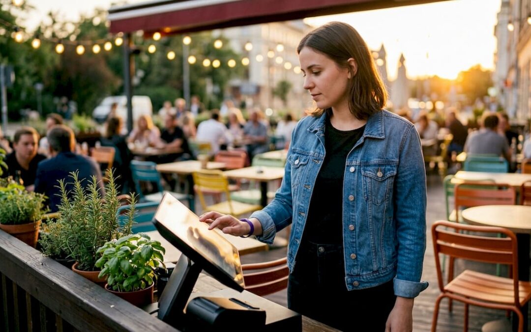 Manager using POS system at café counter