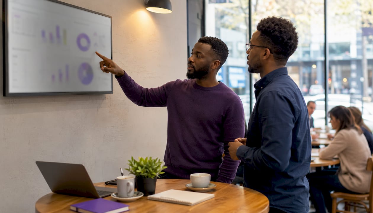Two men discussing ecommerce strategy in office