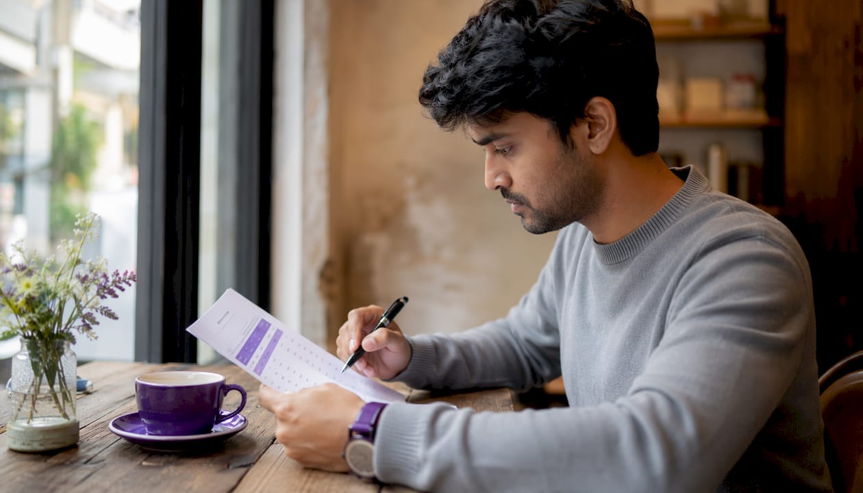 Hands using smartphone amid people search documents