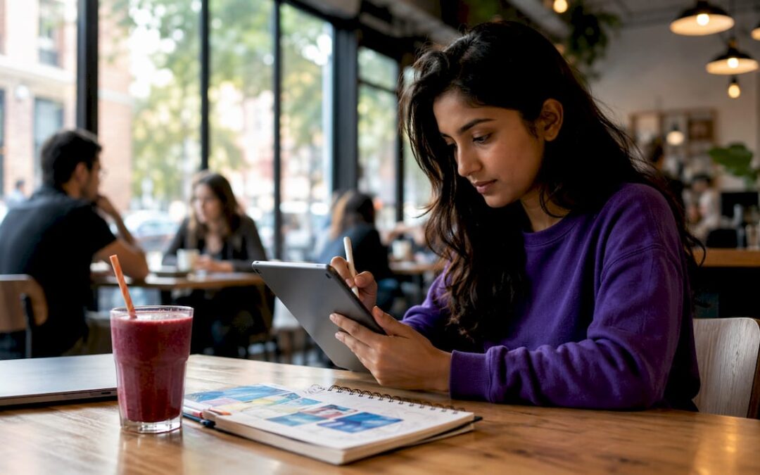 Woman editing video on tablet at kitchen table