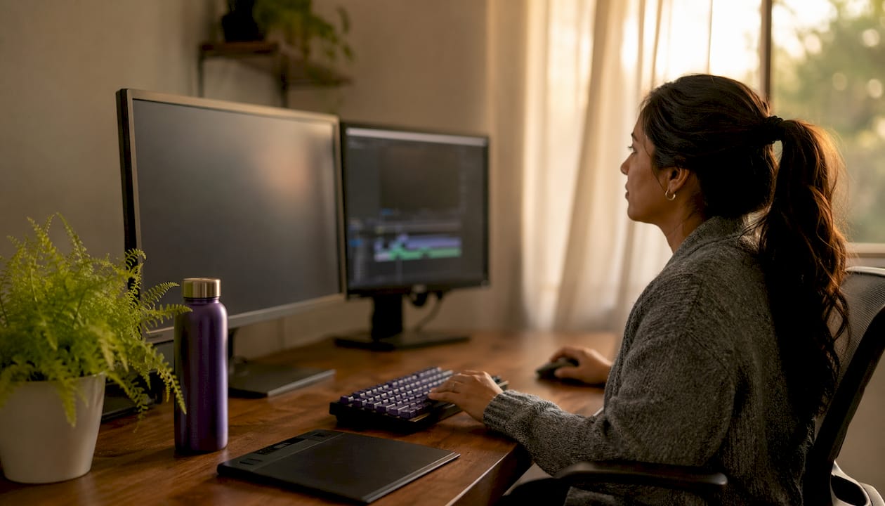 Woman editing video on desktop in bright office