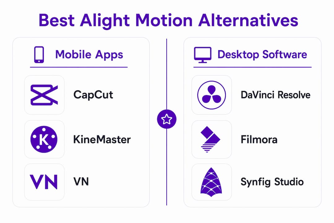Infographic showing mobile and desktop Alight Motion alternatives