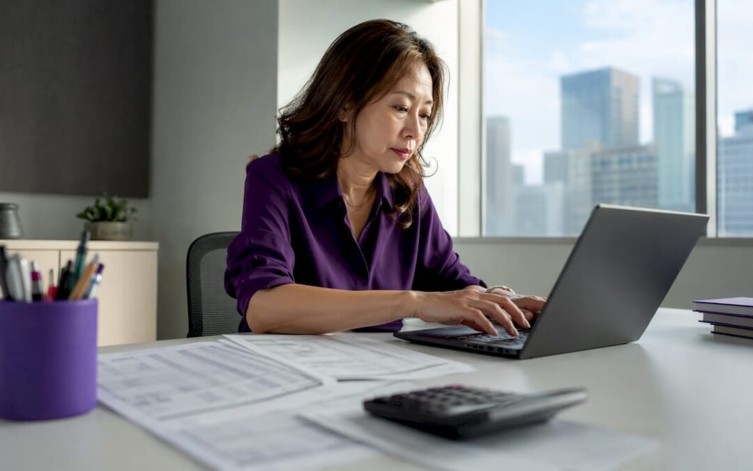 Woman typing wholesale invoices at desk in office
