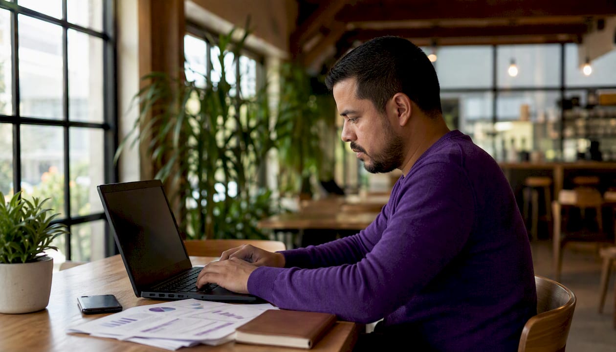 Close-up of hands typing tax compliance documents