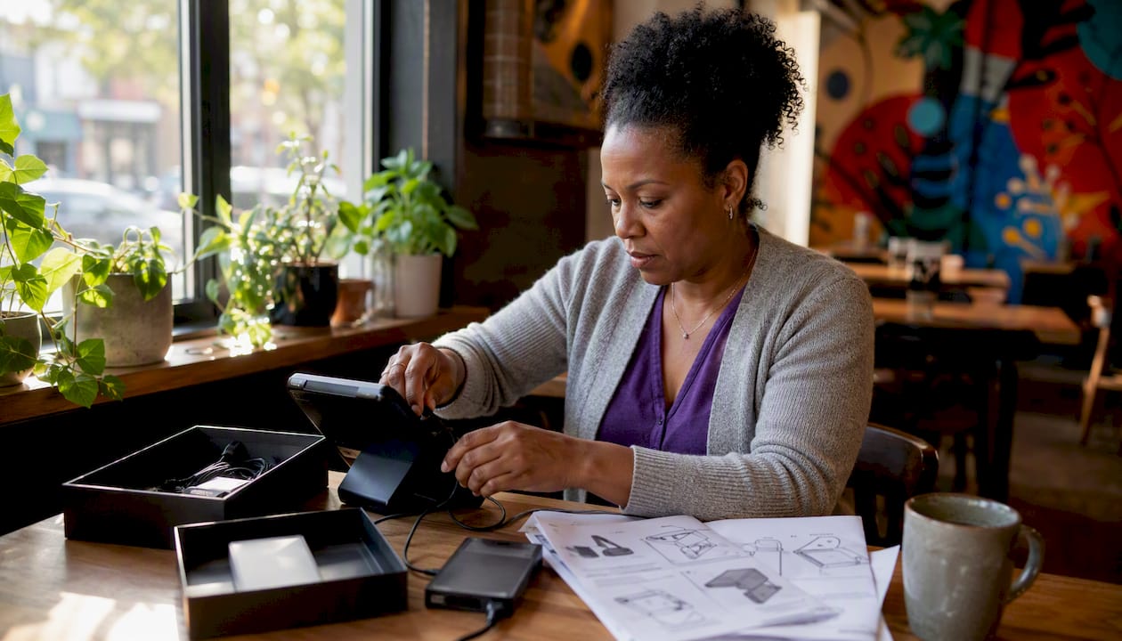 Hands setting up POS device with onboarding kit