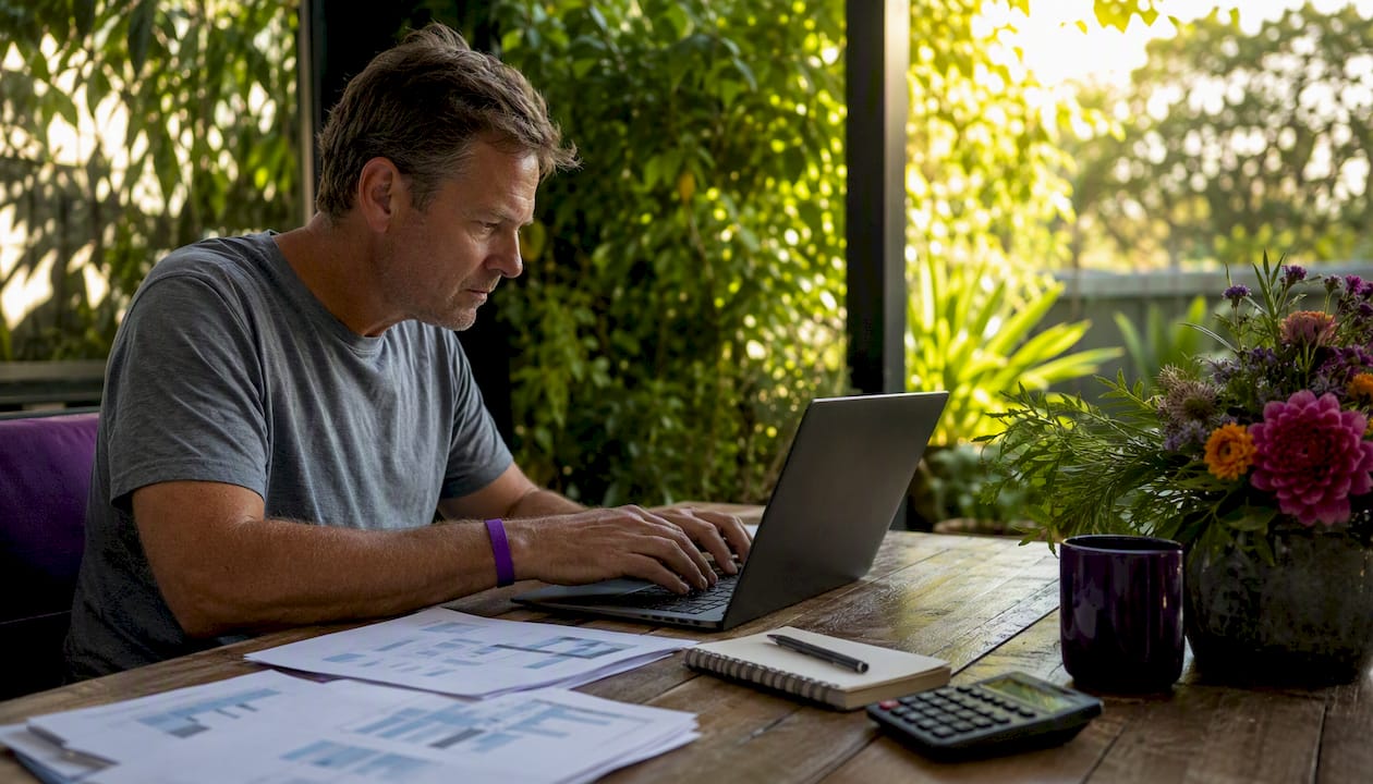 Man using laptop for small business tax tasks