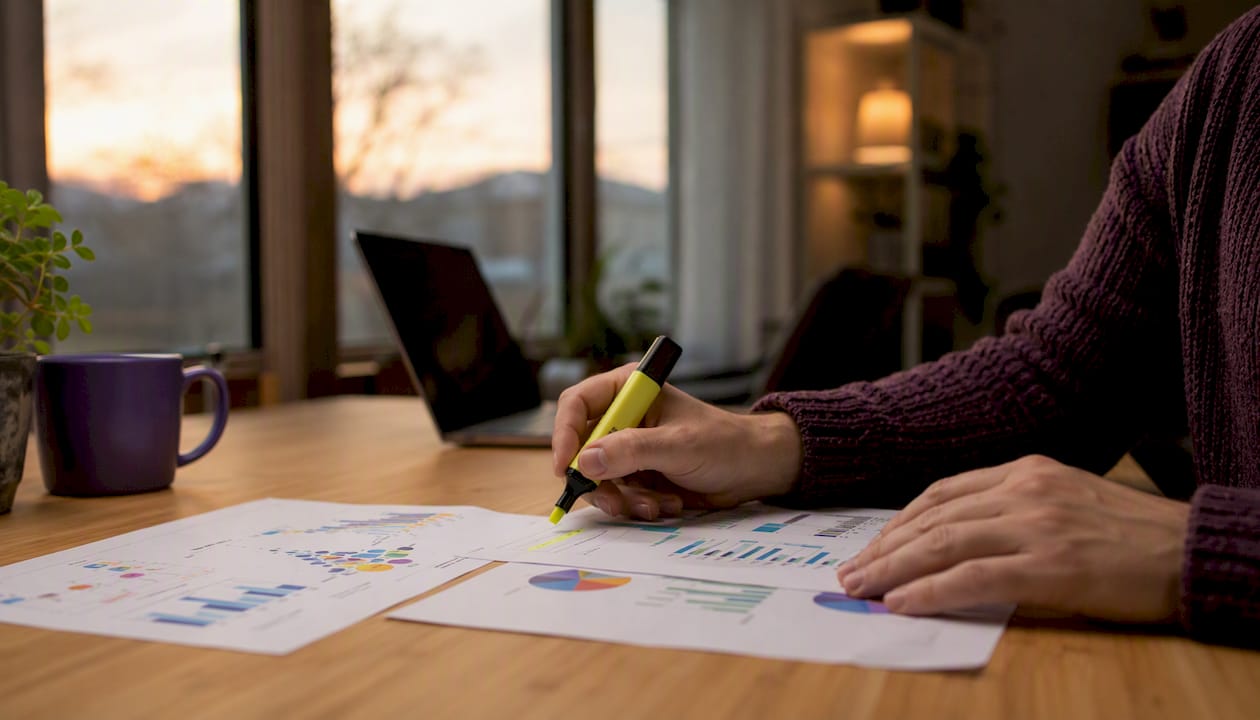 Hands interacting with Tableau dashboard prints