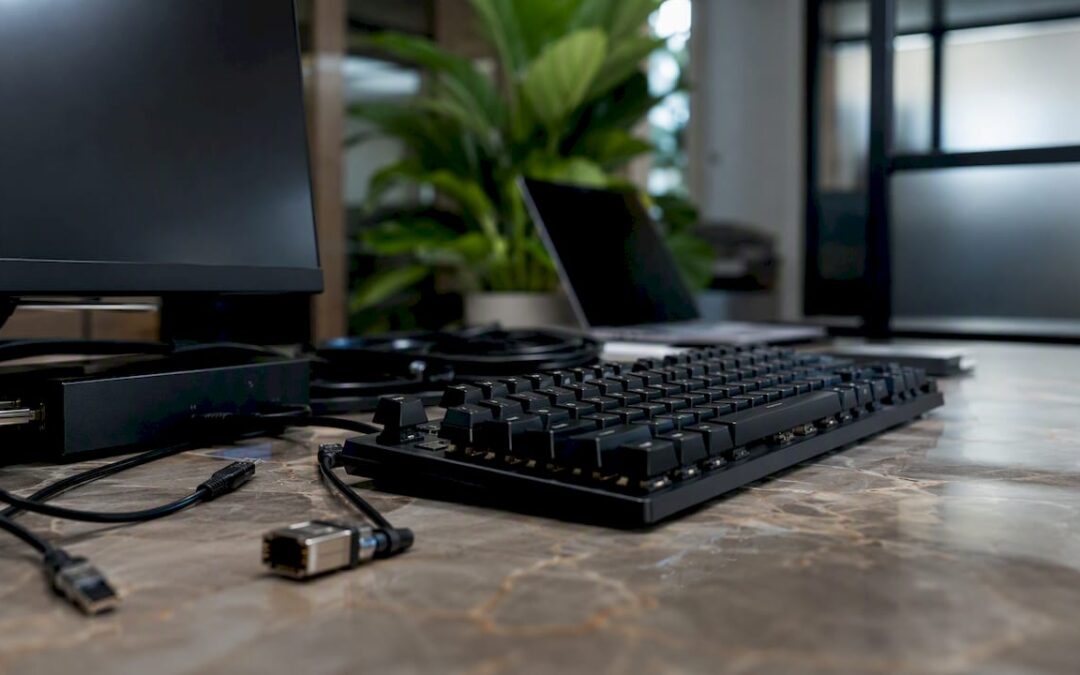 Close-up of data engineer's desk hardware detail
