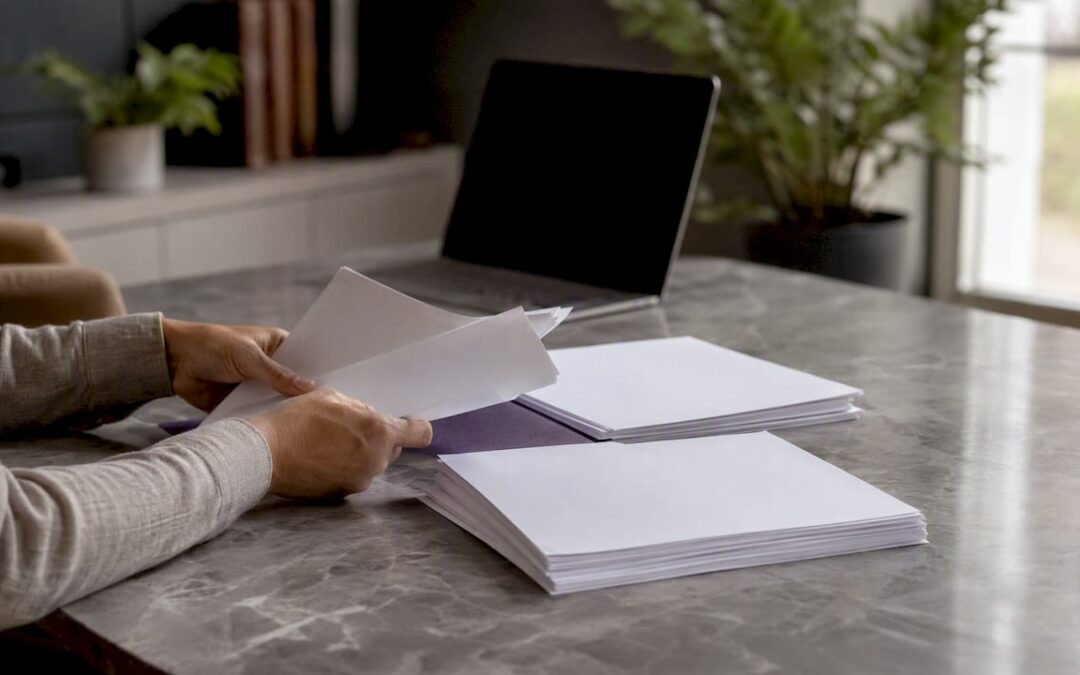 Hands organizing invoices on a finance desk