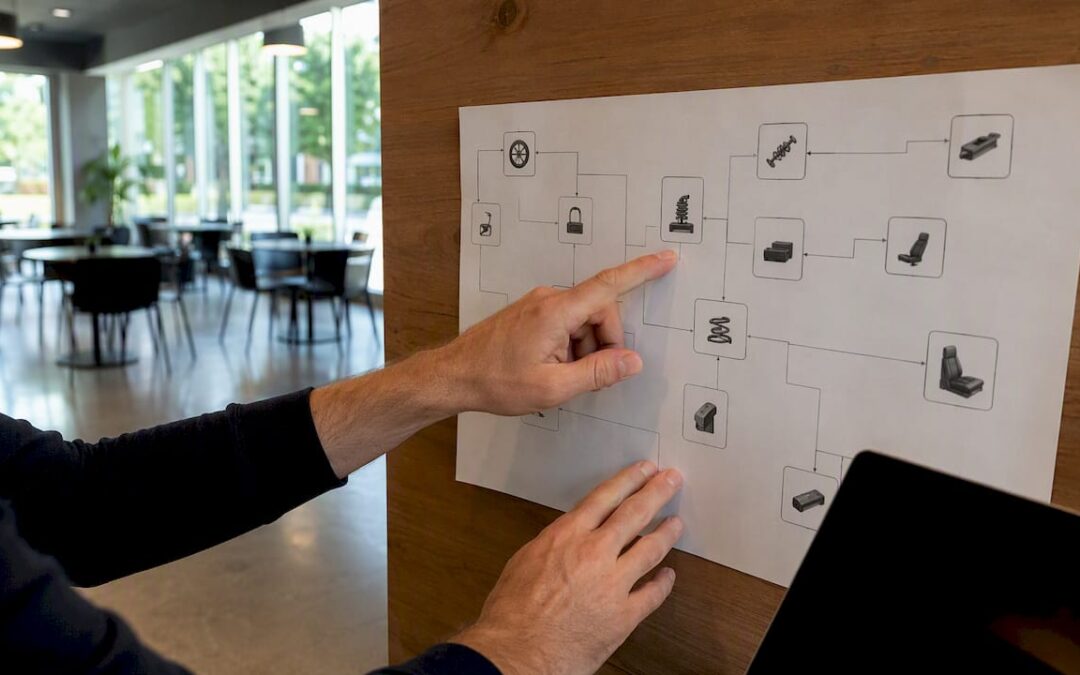 Hands pointing at a CPQ configuration flowchart on a whiteboard